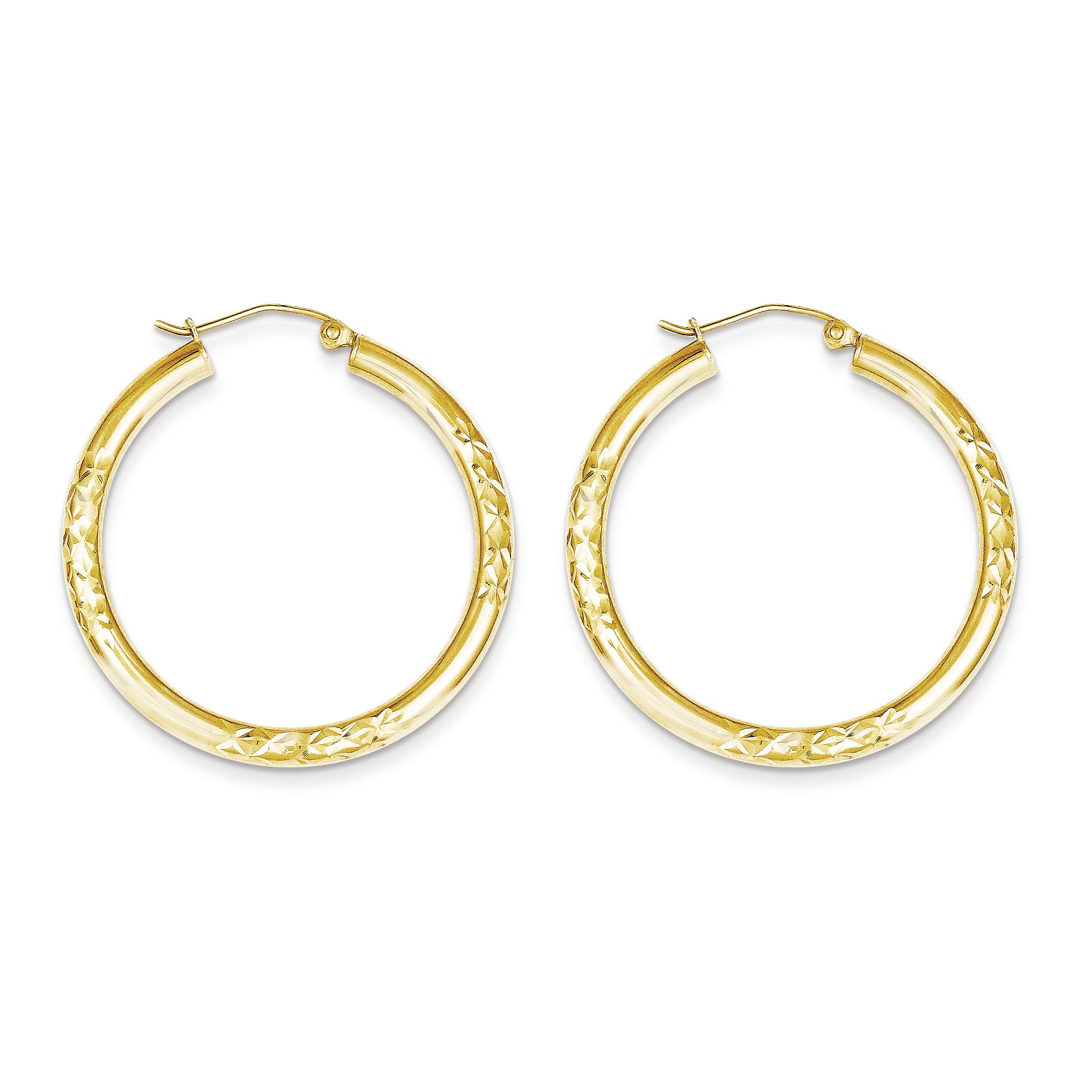 10K Gold Diamond Cut 3x35mm Hollow Tube Hoop Earrings