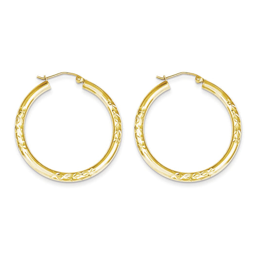 10K Gold Diamond Cut 3x35mm Hollow Tube Hoop Earrings