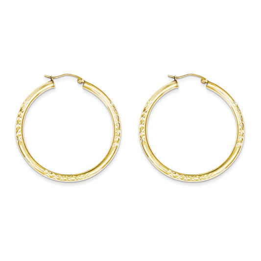 10K Gold Diamond Cut 3x40mm Hollow Tube Hoop Earrings