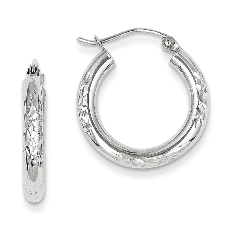 10K White Gold Diamond Cut 3mm Hoop Earrings