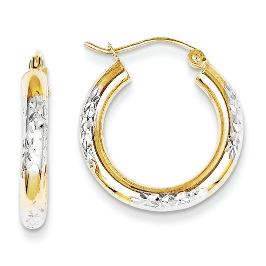 10K Gold & Rhodium Diamond Cut 3mm Hoop Earrings