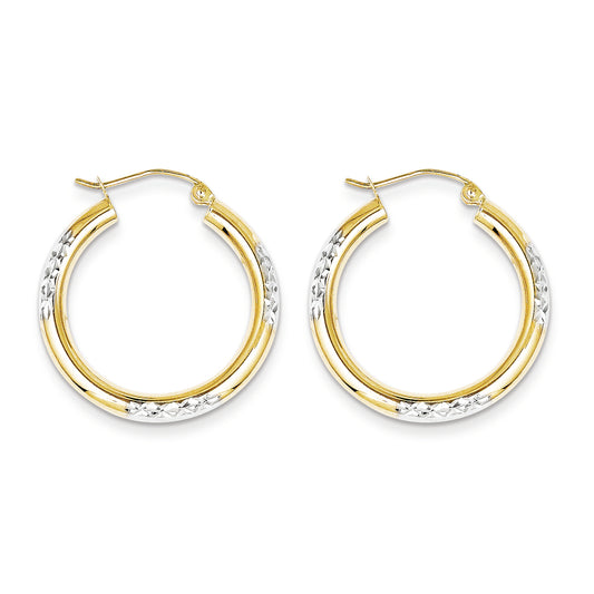 10K Gold & Rhodium Diamond Cut 3mm Hoop Earrings