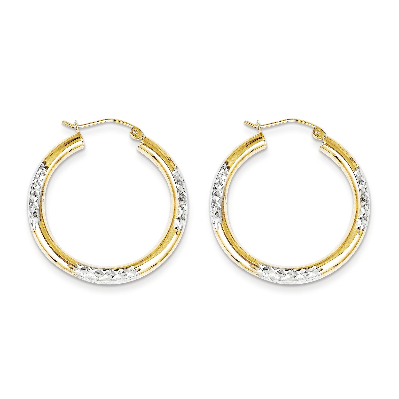 10K Gold & Rhodium Diamond Cut 3mm Hoop Earrings