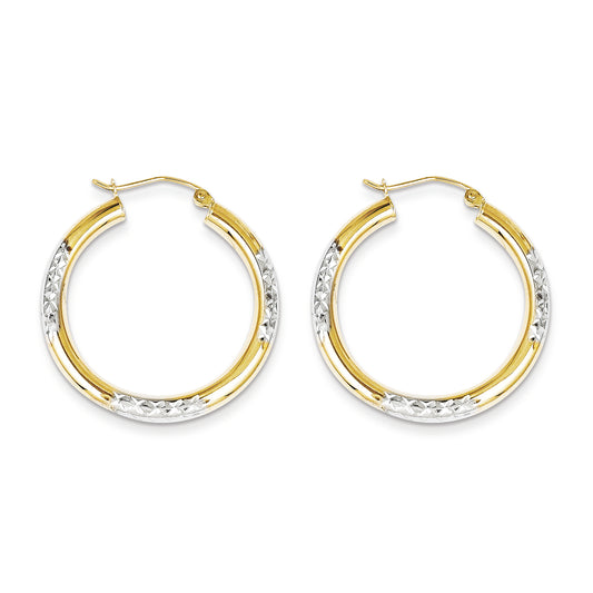 10K Gold & Rhodium Diamond Cut 3mm Hoop Earrings