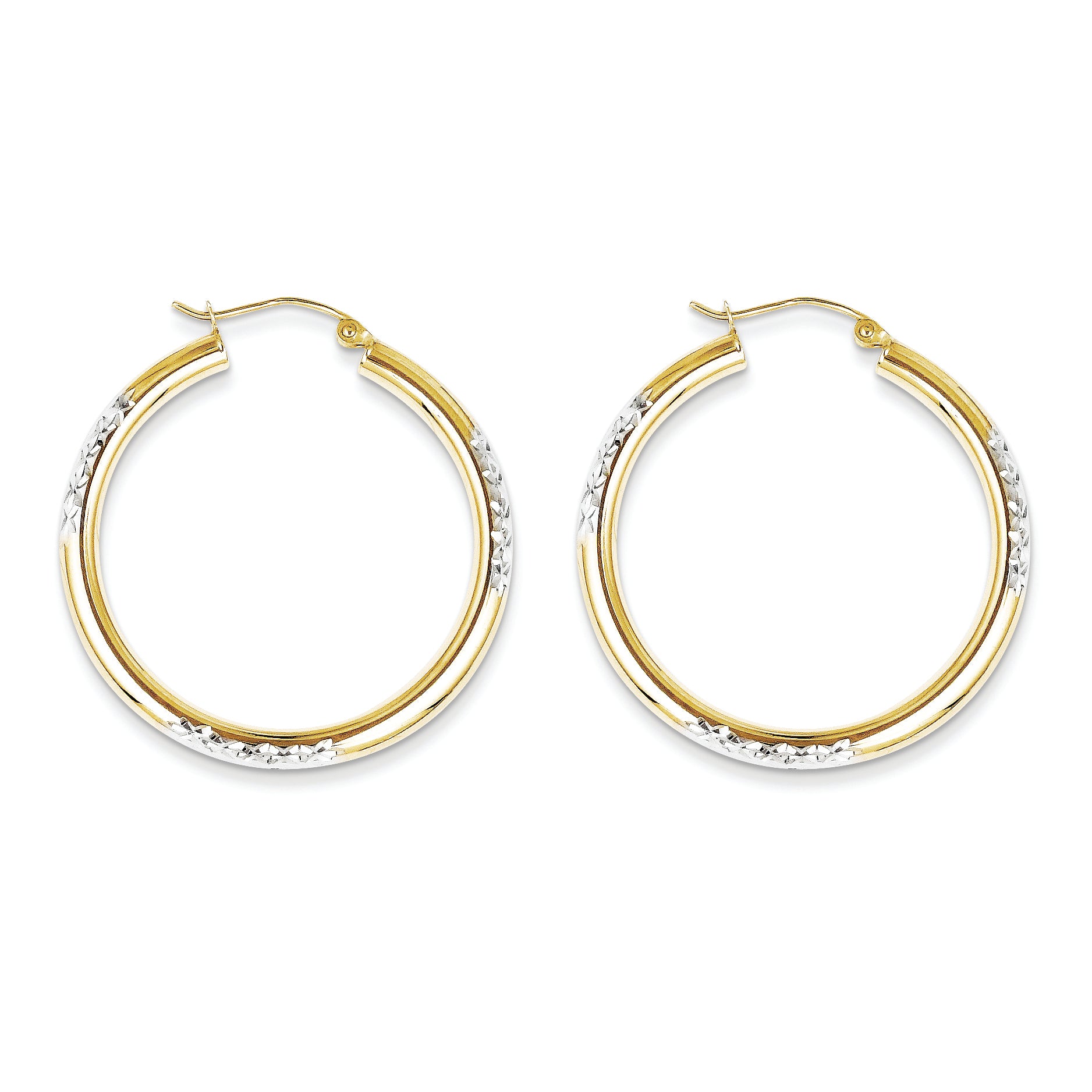 10K Gold & Rhodium Diamond Cut 3mm Hoop Earrings