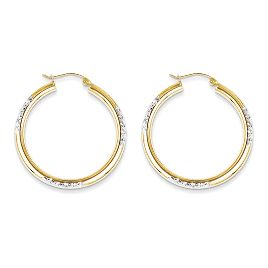 10K Gold & Rhodium Diamond Cut 3mm Hoop Earrings