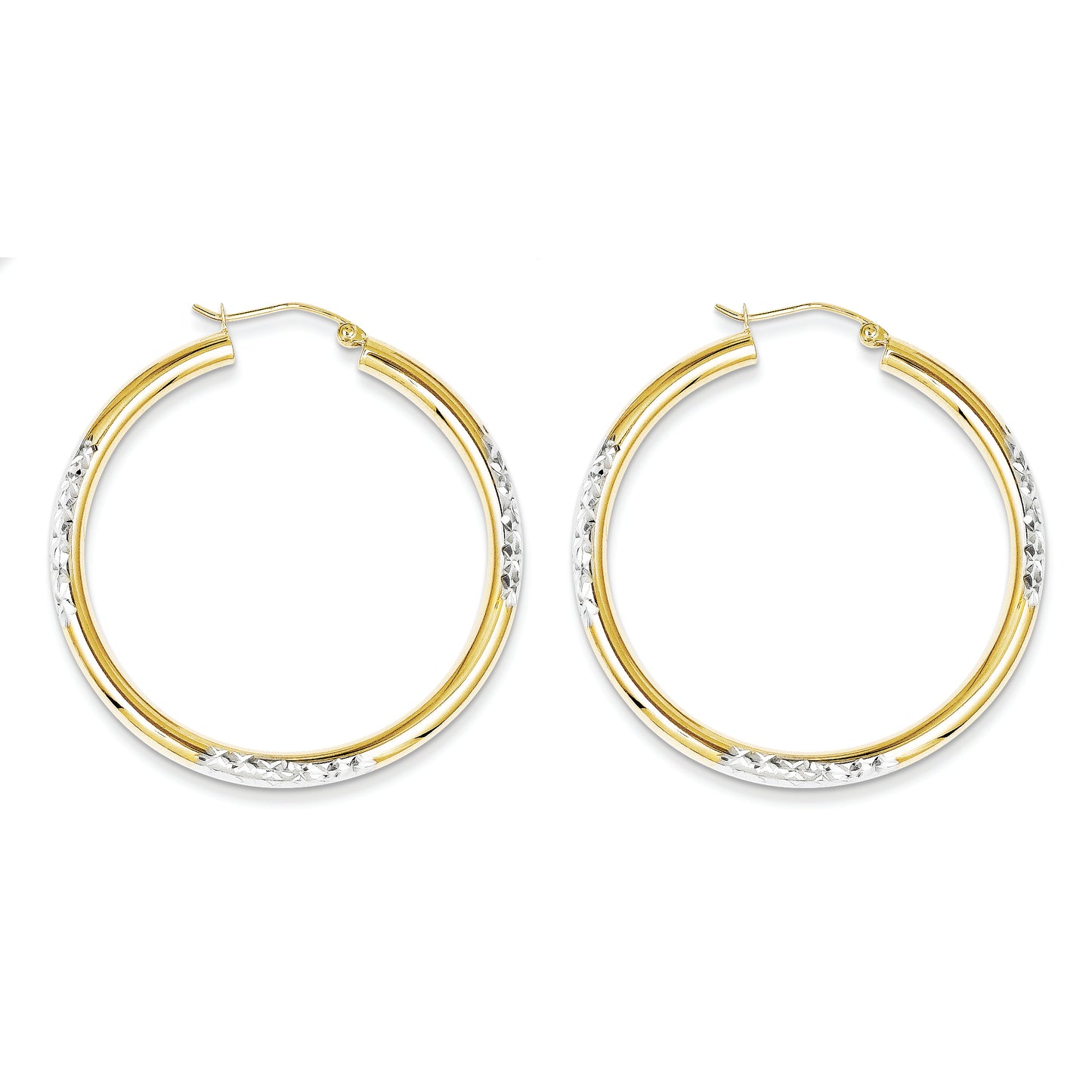 10K Gold & Rhodium Diamond Cut 3mm Hoop Earrings