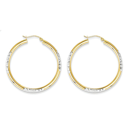 10K Gold & Rhodium Diamond Cut 3mm Hoop Earrings