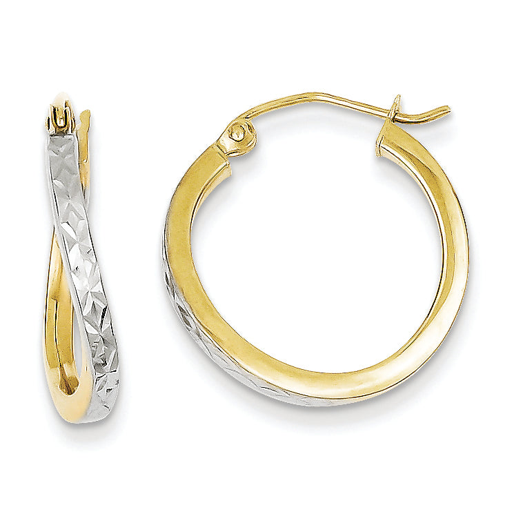 10K Gold & Rhodium Diamond Cut Textured & Wavy Hoop Earrings