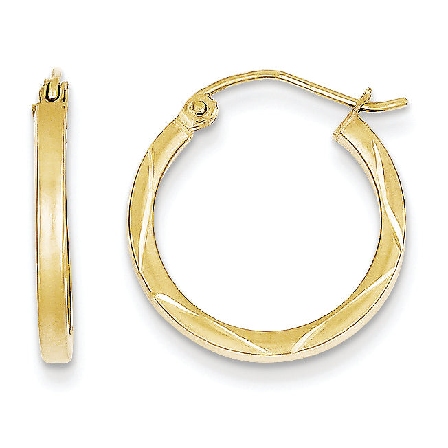 10K Gold Satin Diamond Cut 2x20mm Hoop Earrings