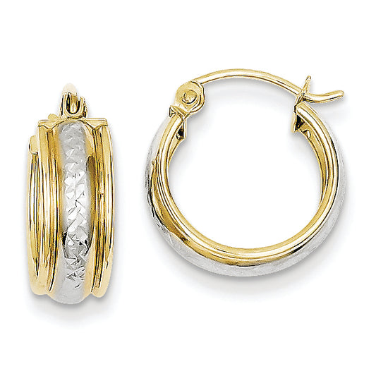10K Gold & Rhodium Diamond Cut Small Hoop Earrings