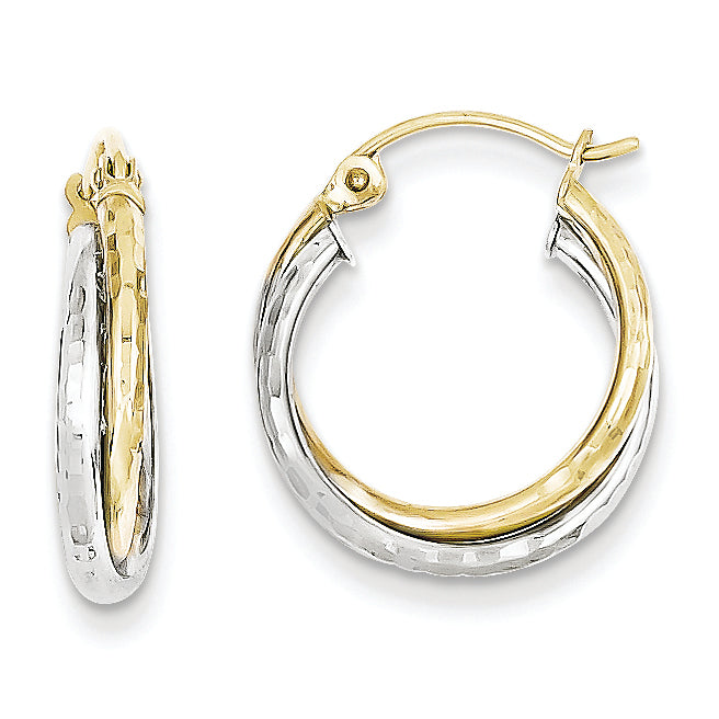10K Gold Yellow & White Gold Textured Twist Hoop Earrings