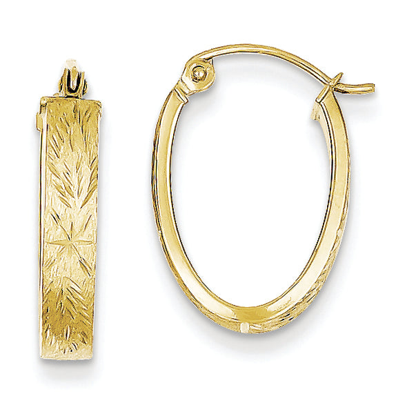 10K Gold Brushed Diamond Cut Oval Hoop Earrings
