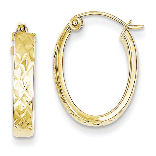 10K Gold Diamond Cut Oval Hoop Earrings