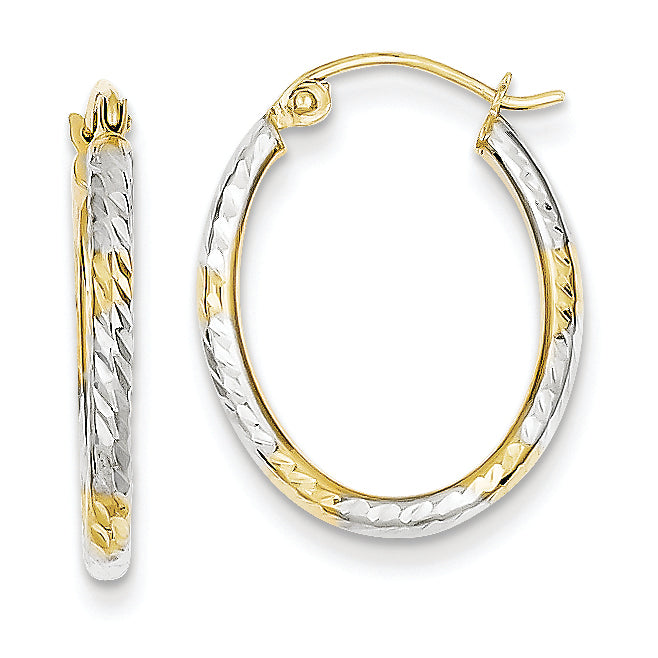 10K Gold & Rhodium Diamond Cut Patterned Oval Hoop Earrings