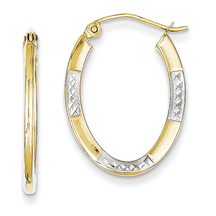 10K Gold & Rhodium Diamond Cut Oval Hoop Earrings