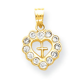 10K Gold Solid Polished CZ Heart Cross Charm
