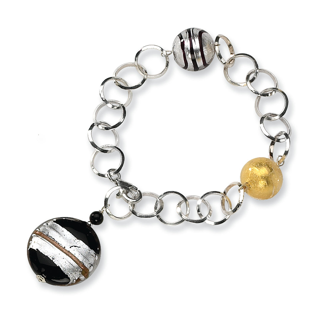 Sterling Silver Murano Glass Bead & Onyx Bracelet 7.5 Inches