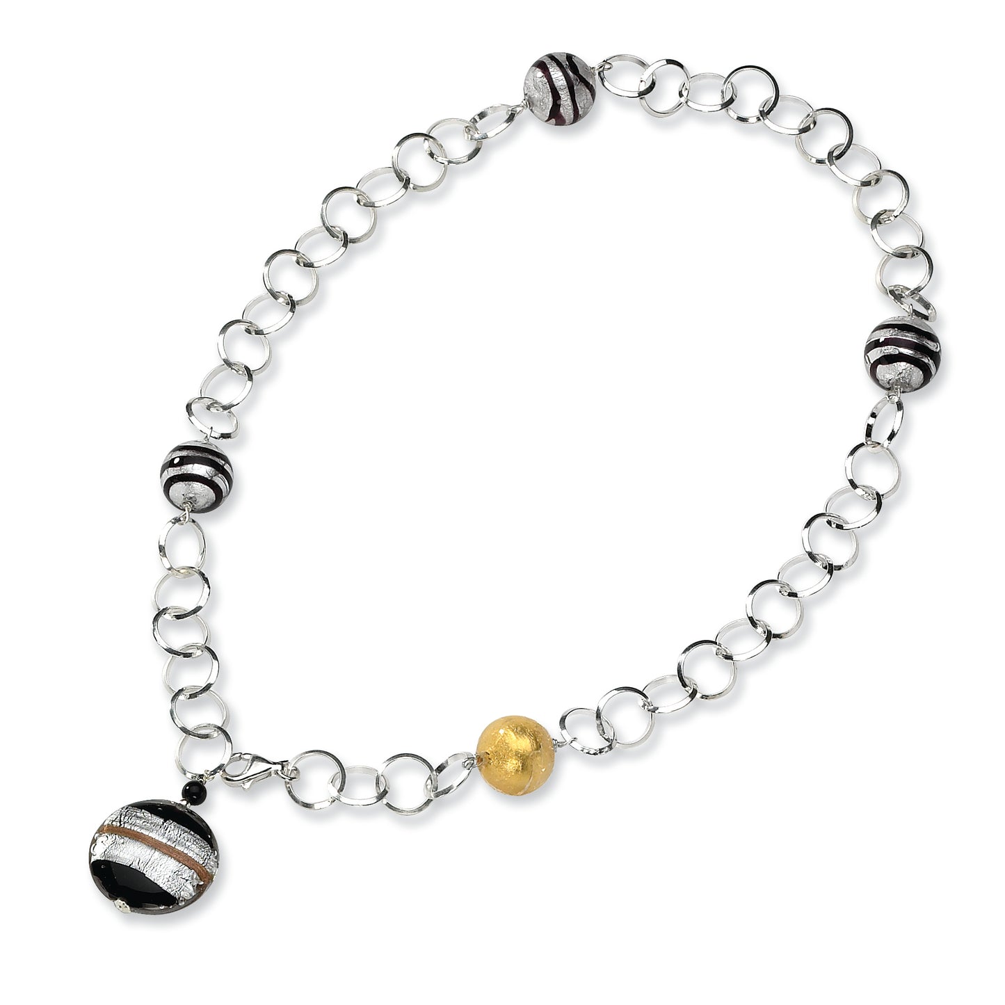 Sterling Silver Murano Glass Bead & Onyx Necklace 18 Inches