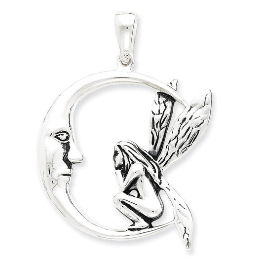 Sterling Silver Antiqued Moon/Fairy Pendant
