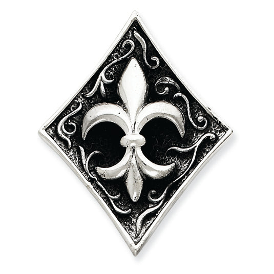 Sterling Silver Antiqued Diamond Shape w/ Fleur de lis Pendant
