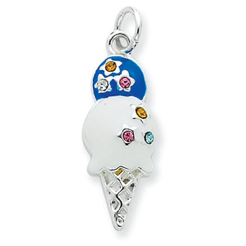 Sterling Silver Crystal & Enameled Ice Cream Cone Charm