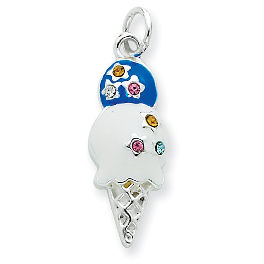 Sterling Silver Crystal & Enameled Ice Cream Cone Charm