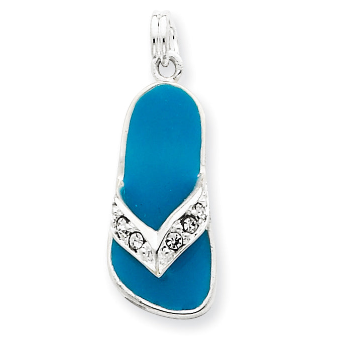 Sterling Silver Aqua Enameled Crystal Flip Flop Charm