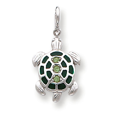 Sterling Silver Green Crystal and Enameled Turtlle