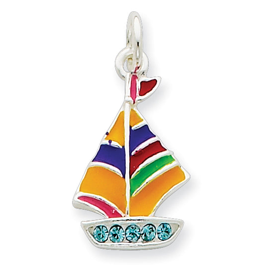 Sterling Silver Enameled and Blue Crystal Sail Boat Pendant