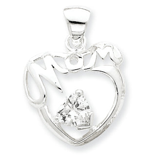 Sterling Silver CZ Mom Heart Pendant