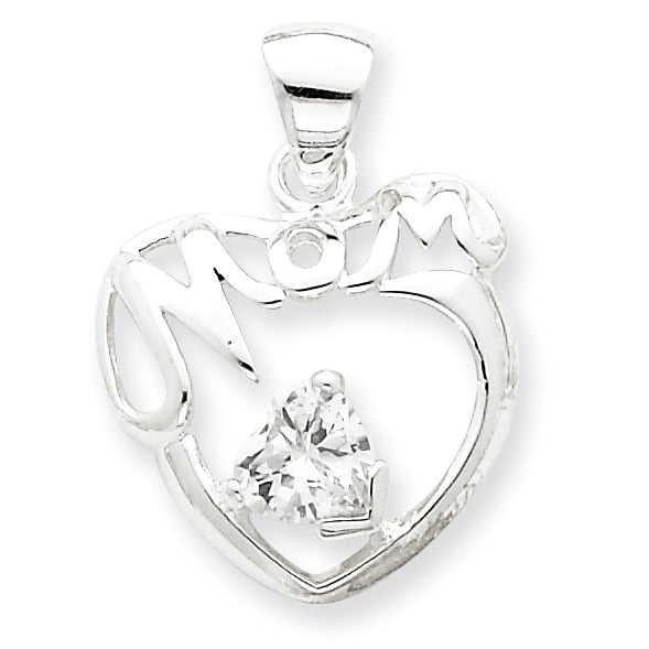 Sterling Silver CZ Mom Heart Pendant