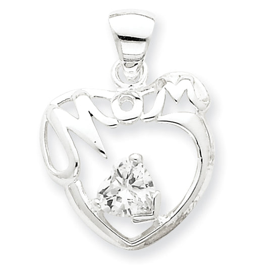 Sterling Silver CZ Mom Heart Pendant