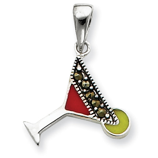 Sterling Silver Red & Green Enameled Martini Pendant