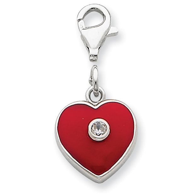 Sterling Silver Red Enameled CZ Heart Charm