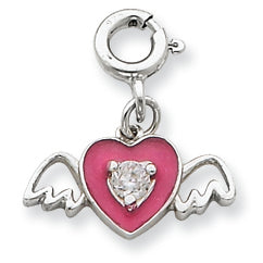 Sterling Silver Pink Enameled CZ Heart with Wings Charm