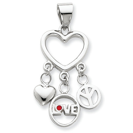 Sterling Silver Enamel Heart w/Heart,Love,Peace Pendant