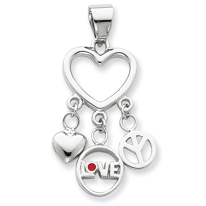 Sterling Silver Enamel Heart w/Heart,Love,Peace Pendant