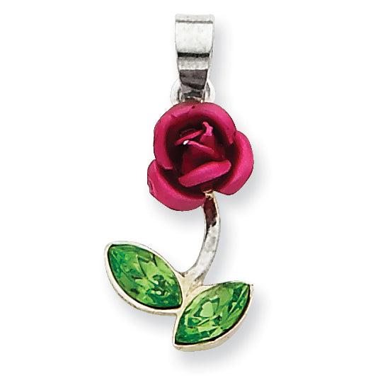 Sterling Silver Red Enamel w/Green CZ Rose Charm