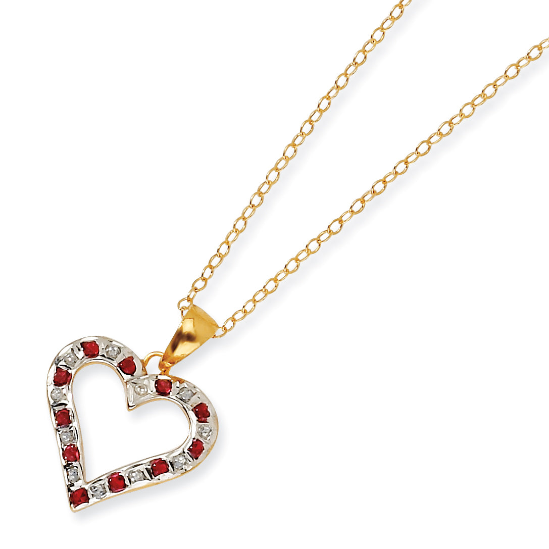 Sterling Silver & Gold-plated Dia. & Ruby 18in Heart Necklace
