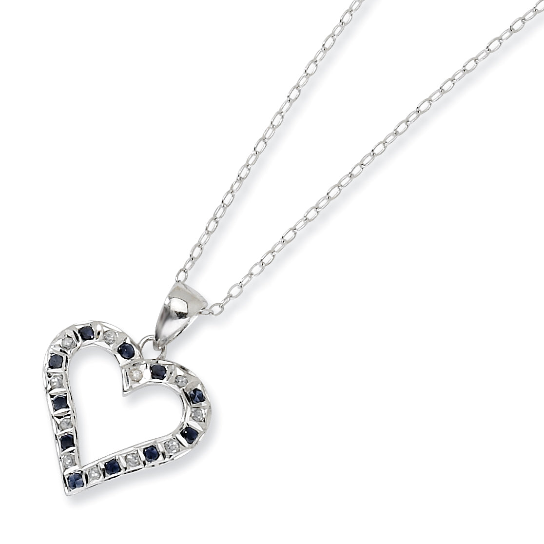 Sterling Silver & Platinum-plated Dia. & Sapphire 18in Heart Necklace