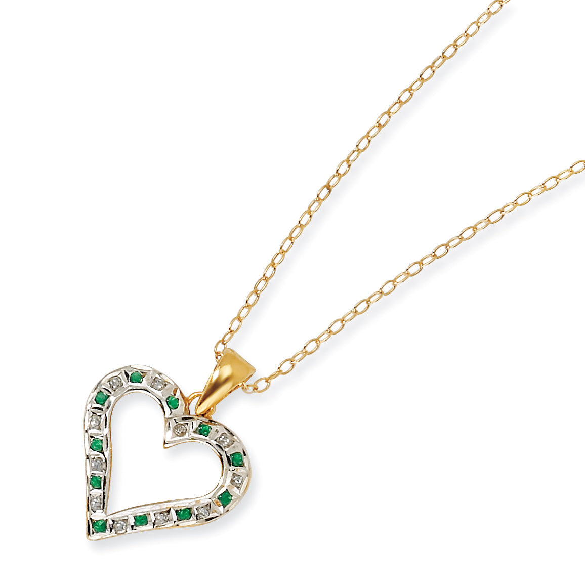 Sterling Silver & Gold-plated Dia. & Emerald 18in Heart Necklace