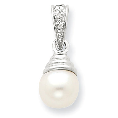 Sterling Silver Rhodium 6mm FW Cultured Pearl & Diamond Pendant