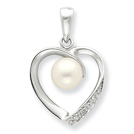 Sterling Silver 6mm FW Cultured Pearl & Diamond Heart Pendant