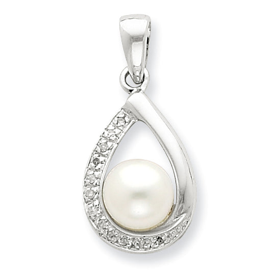 Sterling Silver 6mm FW Cultured Pearl & Diamond Teardrop Pendant