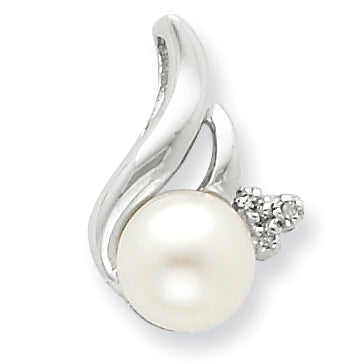 Sterling Silver Rhodium 6mm FW Cultured Pearl & Diamond Pendant