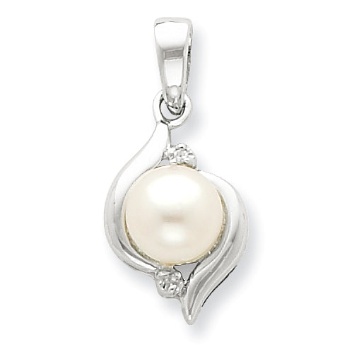 Sterling Silver Rhodium 6mm FW Cultured Pearl & Diamond Pendant