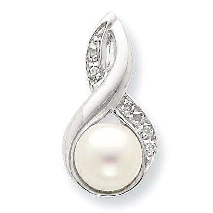 Sterling Silver Rhodium 6mm FW Cultured Pearl & Diamond Pendant