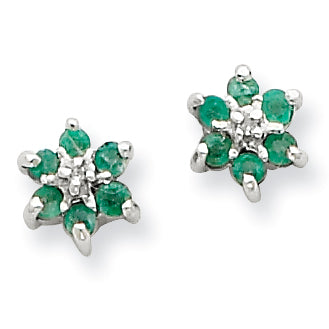 Sterling Silver Rhodium Emerald & Diamond Heart Post Earrings