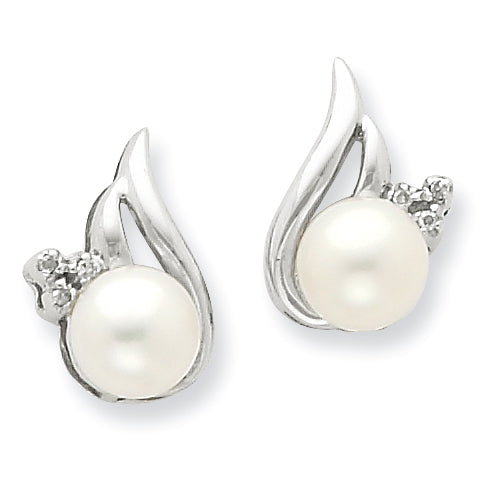 Sterling Silver Rhodium 6mm FW Cult Pearl & Diamond Post Earrings